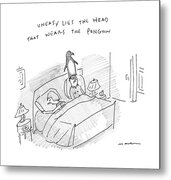 Man Wearing Penguin Hat in Bed Metal Print