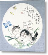 Cats With Blue Flower And Butterflies Metal Print