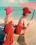 Elegant Beach Fashion with Straw Hats Art Print by Louise Dahl-Wolfe