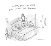 Man Wearing Penguin Hat in Bed Art Print