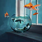 Two Figures Swimming in a Fishbowl Art Print