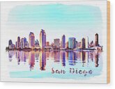 Watercolor Painting Of San Diego Skyline At Sunset From Coronado Wood Print