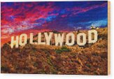 Hollywood Sign In The Sunset Light With A Dramatic Sky - Digital Painting Wood Print