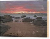 Paintings Of Enchanting Beach Rocks Wood Print by Nature Oil Painting
