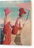Elegant Beach Fashion with Straw Hats Wood Print by Louise Dahl-Wolfe