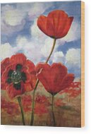 Poppies In The Sky Wood Print