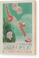 Summer Resort, Diver - Vintage Travel Poster - Pullman Safety And Comfort Advertisement Wood Print