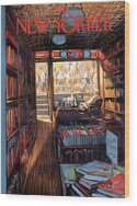 Cozy Bookstore Interior Scene Wood Print
