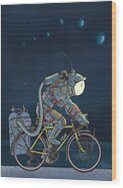 Futuristic Astronaut on Bicycle Wood Print