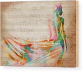 Colorful Silhouette over Sheet Music Wood Print by Nikki Smith