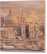 Valletta Skyline At Sunset, Malta Wood Print