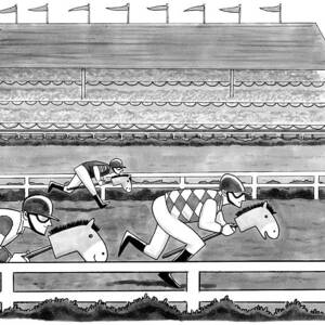 Men Race On Toy Horses #1 by Benjamin Schwartz