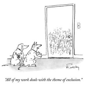 A Dog Speaks To Another Dog In Front Of A Closed by Mike Twohy