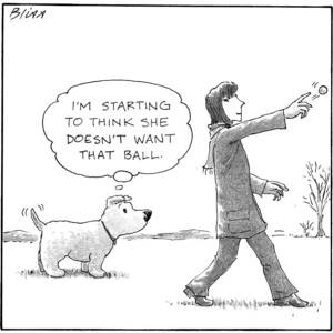 A Dog Thinks To Himself As A Woman Throws A Ball by Harry Bliss