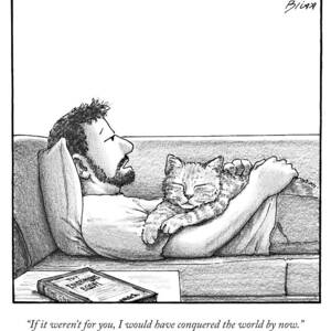 A Man Talking To The Cat Lying On His Stomach by Harry Bliss