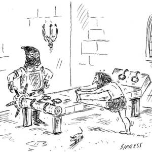 A Prisoner Is Seen Stretching On A Torture Rack by David Sipress