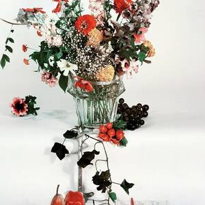 A Studio Shot Of A Vase Of Flowers And A Garden by Herbert Matter