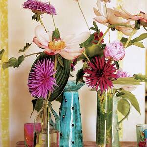 Dahlias And Peonies In Majolica Vases by James Merrell