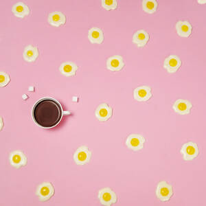 Eggs With Coffee Cup On Pink Background by Juj Winn