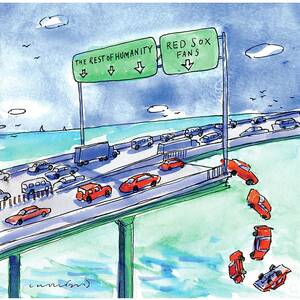 Red Cars Drop Off A Bridge Under A Sign That Says by Michael Crawford