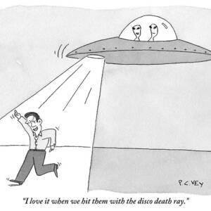 Two Aliens In A Flying Saucer Hit A Man by Peter C. Vey Two Aliens In A Flying Saucer Hit A Man by Peter C. Vey