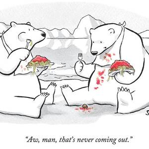 Two Polar Bears Eat Spaghetti And Meatballs.  One by Benjamin Schwartz