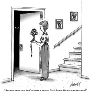 Woman Holding Lamp Stands At Dark Bedroom Doorway by Tom Cheney