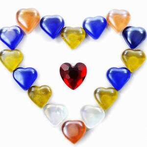 Collection of colorful glass heart shapes by Sami Sarkis Photography