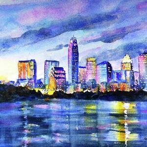 Austin Texas Colorful Skyline Sunset by Carlin Blahnik CarlinArtWatercolor