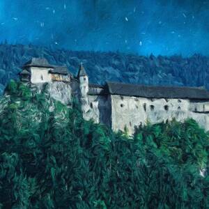 Scary castle in a forest at night with moon by Miroslav Liska