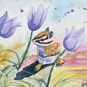 Watercolor - Chipmunk with Pasque Flowers by Cascade Colors