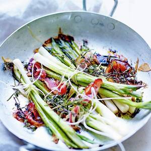 Bundles Of Spring Onions With Thyme And Bacon #1 by Amiel