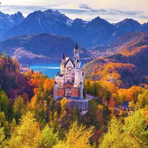 Germany, Bavaria, Swabia, Swabia, Neuschwanstein Castle And Hohenschwangau Castle With Lake Alpsee And Tannheim Mountains #1 by Olimpio Fantuz