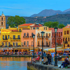 Greece, Crete Island, Crete, Chania, Mediterranean Sea, Aegean Sea, Greek Islands, View Of The Old Venetian Port Of Chania Town At Sunset With The Promenade On Seaside #1 by Giorgio Filippini