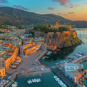 Italy, Sicily, Messina District, Aeolian Islands, Lipari, Square And The Small Port Of Marina Corta At Dawn With The Fortress Of The Lipari Castle In The Background #1 by Giorgio Filippini Italy, Sicily, Messina District, Aeolian Islands, Lipari, Square And The Small Port Of Marina Corta At Dawn With The Fortress Of The Lipari Castle In The Background #1 by Giorgio Filippini