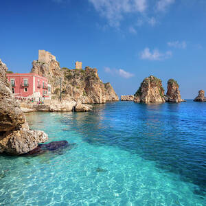 Italy, Sicily, Trapani District, Scopello, Tonnara And Stacks Of Scopello. Body Of Water And Building. Watchtower #1 by Paolo Giocoso Italy, Sicily, Trapani District, Scopello, Tonnara And Stacks Of Scopello. Body Of Water And Building. Watchtower #1 by Paolo Giocoso