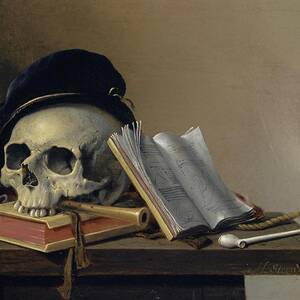 Still Life With Skull, Books, Flute And Pipe by Harmen Steenwyck