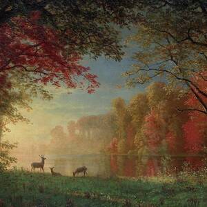 Indian Sunset, Deer By A Lake by Albert Bierstadt