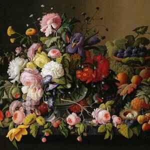 Still Life; Flowers And Fruit by Severin Roesen