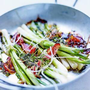 Bundles Of Spring Onions With Thyme And Bacon by Amiel