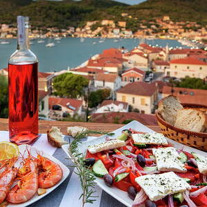 Grilled Prawns, Wine, Greek Salad With Feta, Vathi, Island Of Ithaca, Ionian Islands, Greece by Reinhard Schmid