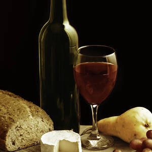 Still Life With Wine Cheese And Fruit by Oliverchilds