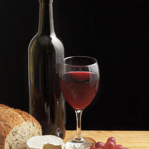 Still Life With Wine Cheese And Grapes by Oliverchilds