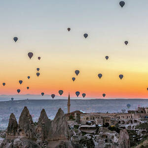 Turkey, Central Anatolia, Goreme, Cappadocia, Hot Air Balloons At Dawn Over Goreme National Park, Cappadocia by Chantal Reed