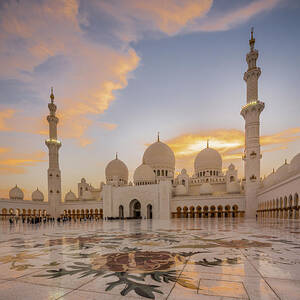 United Arab Emirates, Emirate Abu Dhabi, Abu Dhabi, Arab States Of The Persian Gulf, Arabian Peninsula, Sheikh Zayed Grand Mosque, The Inner Courtyard At The Sunset by Massimo Borchi