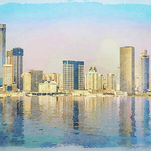 Water color of skyline of the city of Xiamen with reflections by Steven Heap