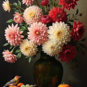 Dahlia Wall Art Floral Still Life by Nature Oil Painting Dahlia Wall Art Floral Still Life by Nature Oil Painting