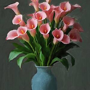 Flower painting of elegant pink calla lilies in a porcelain vase by Nature Oil Painting Flower painting of elegant pink calla lilies in a porcelain vase by Nature Oil Painting