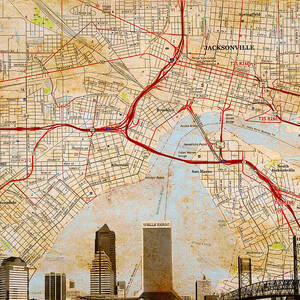 Map of Downtown Jacksonville, Florida, and skyline blended on old paper by Nicko Prints