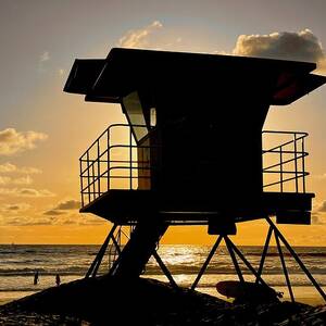 Mission Beach Lifeguard Tower at  Sunset by Bonnie Colgan